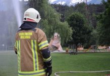 Übungsszenario Gebäudebrand beim Badesee Mieming